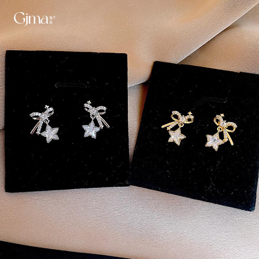 Super flash zircon bow, star earrings, studs, exquisite Korean niche earrings.