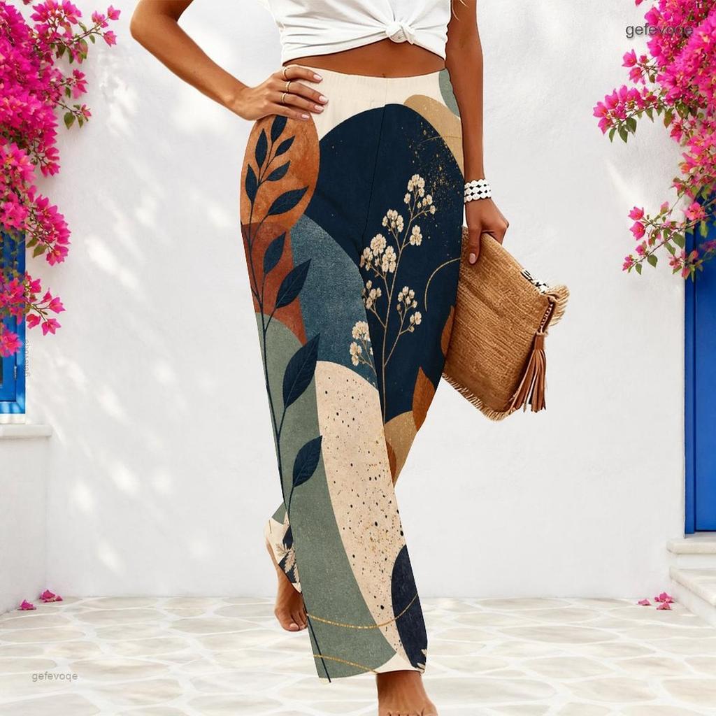 Women Plus Size Blue White Abstract Printed Wide Leg Full Length Loose Pants
