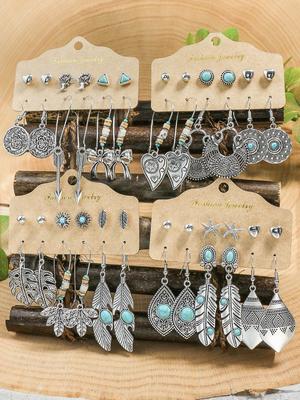 Kolczyki w stylu vintage w etnicznym srebrnym kolorze dla kobiet, kolczyki boho, kreatywne geometryczne, kolczyki sztyfty z cyrkonią i kolczyki zintegrowane