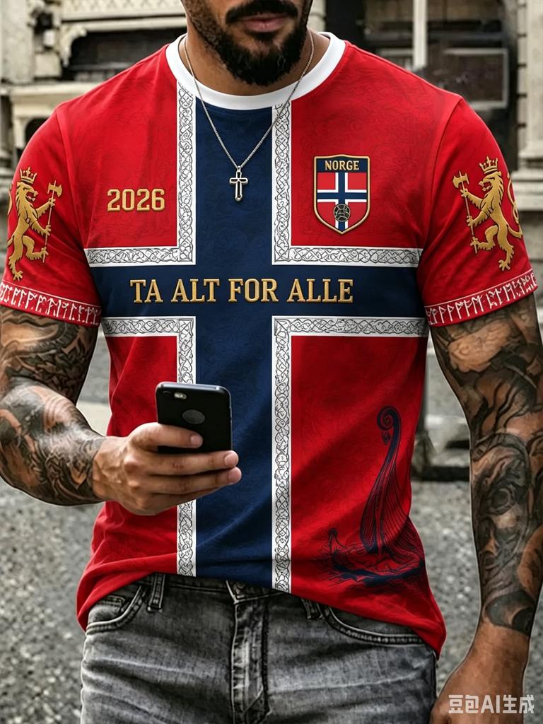 2026 Norway Flag Soccer Jersey Print Short Sleeve Crew Neck T Shirt Flat Printing Sleeve Men Sports Training Casual Fan Top