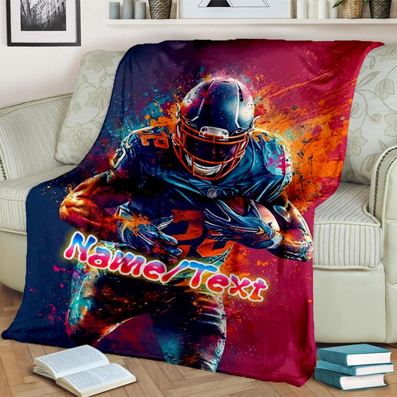 1PC Custom Name "Dynamic Football Player Art" flannel blanket versatile,all-season throw suitable for the living room,bedroom,camping,travel,and gift