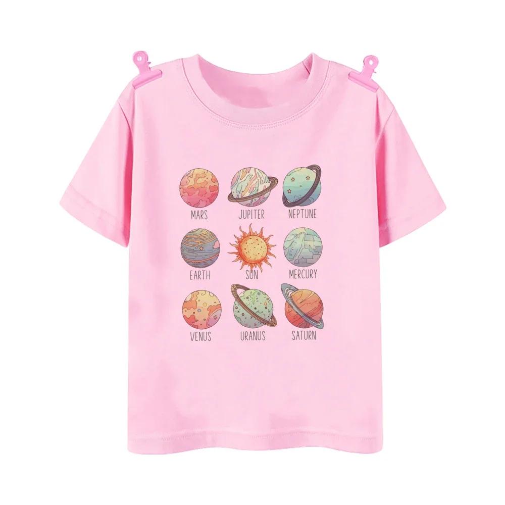 Space Planet Astronaut Cartoon Pattern Summer Childrens Tshirt Short Sleeved Round Neck Top Childrens Boys and Girls Clothing 100