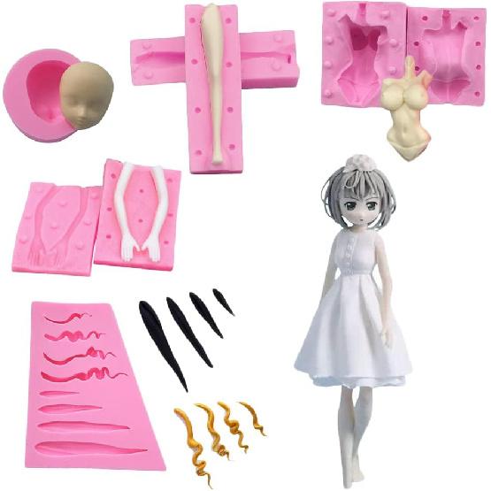 3D Doll Body Leg Arm Face Head Silicone Mold Q Version Dolls Model Fondant Craft Clay Resin Mould DIY Cake Decorating Supplies Baking Tool (5PCS)