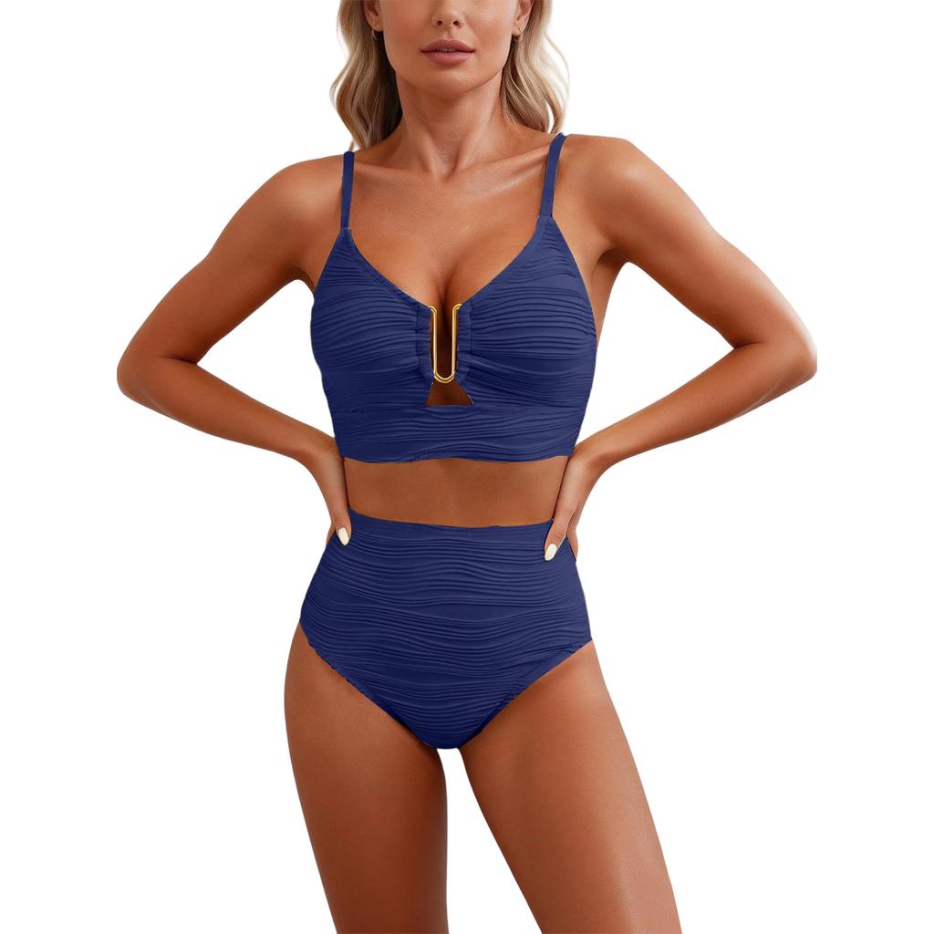 2 Piece Bikini Set Women’s U-Wire Cutout Popular Swimsuit High Waisted Textured 2026 Summer Beach Swim Female Bathing Suits