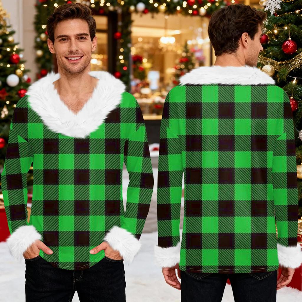 Men's Christmas Printed Fleece Lined Hoodie | Faux Trim Party Sweatshirt With Pocket | Plus Size Loose Fit Holiday Pullover