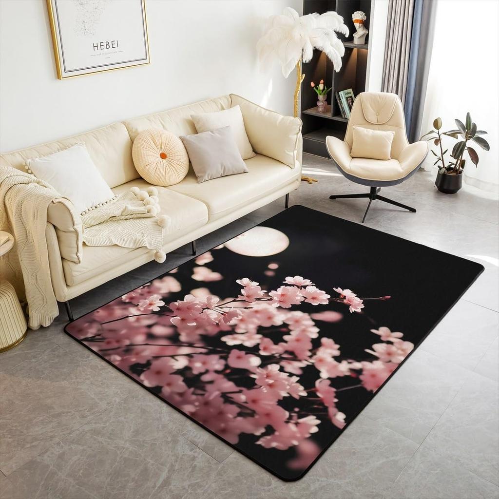 Pink Cherry Pattern Carpet Romantic Flowers Home Decor Floormat Absorbent Anti-Slip Rug for Living Room Bedroom Hallway Kitchen