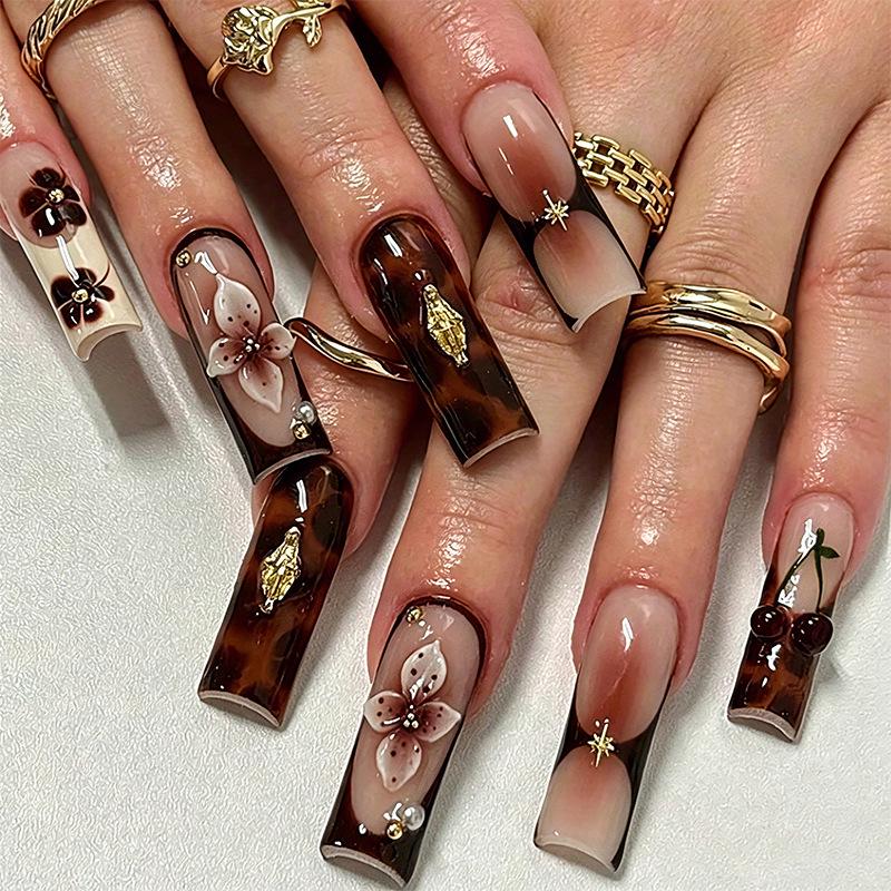 24-Piece Pink French Medium Tube Nail Tips with 3D Flowers & Leopard Print