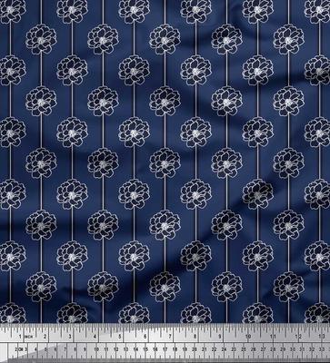 Blue Poly Crepe Fabric Stripe & Peony Floral Printed Fabric 1 Yard 42 Inch