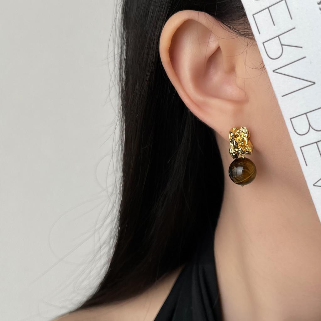 Medieval Style Liquid Irregular Tiger's Eye Stone Earrings Retro Light Luxury Maillard Style Earrings