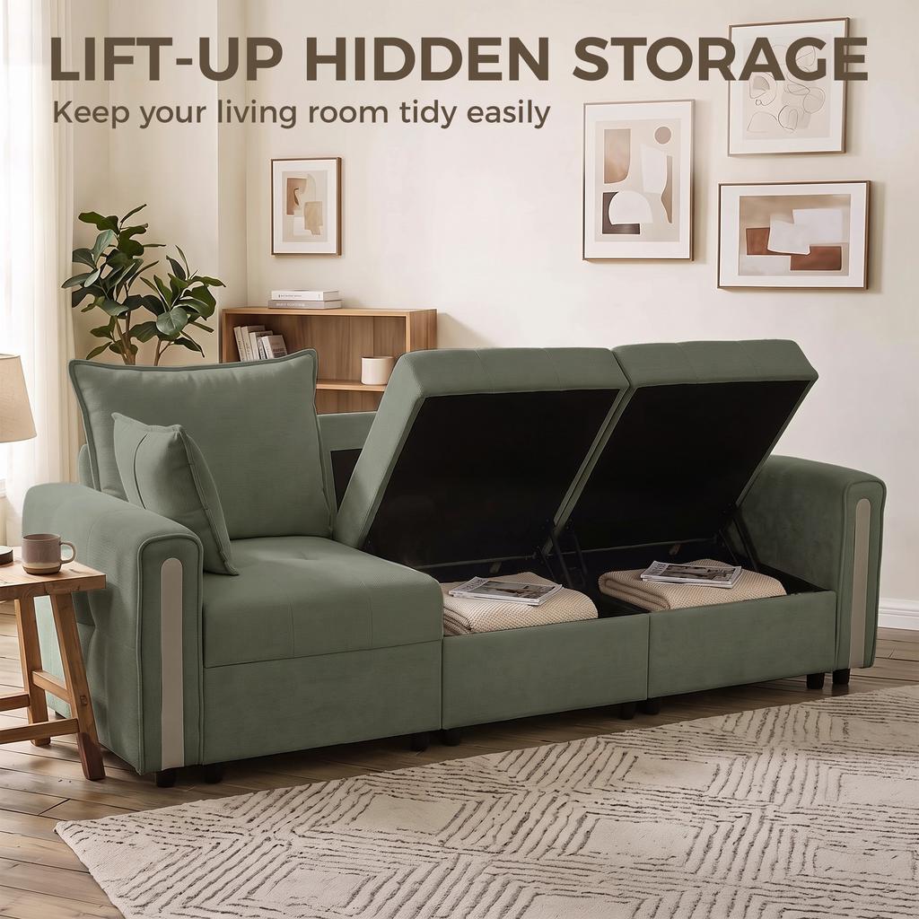 3 Seater Sofa with Lift-Up Storage, 228cm Comfy Velvet Couch with Wide Deep Seat, Dark Green