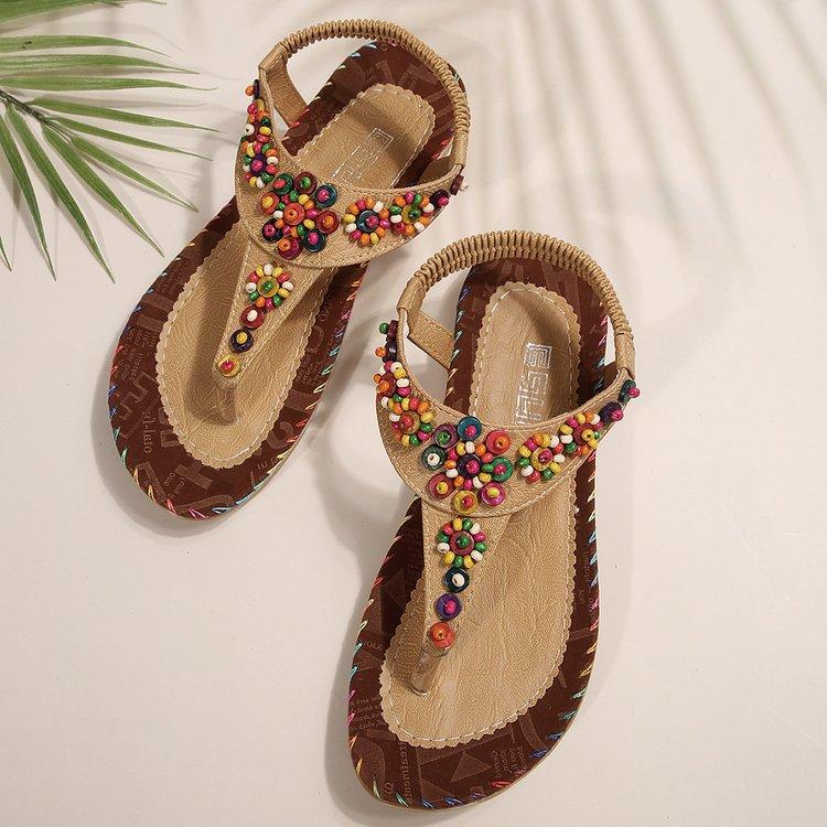 Women's Beaded Ethnic Style Clip-foot Herring-shaped Flat Sandals Flat-heeled Women's Shoes