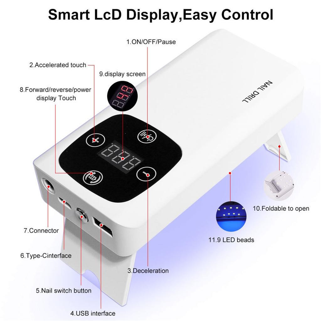 Handheld Nail Drill Electric Manicure Machine Cordless Portable Rechargeable Professional Polisher File Tool