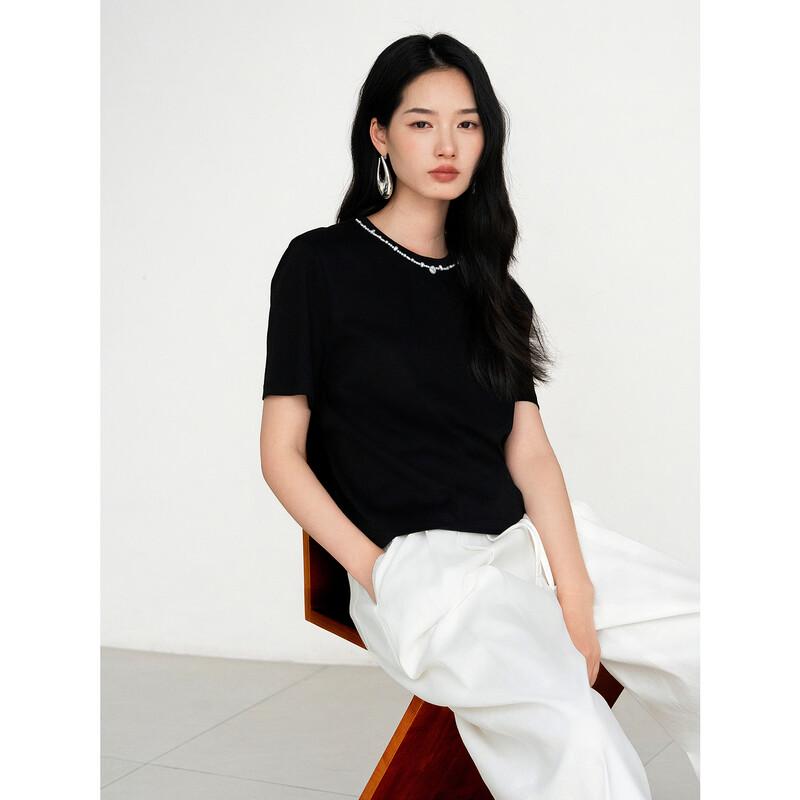 JUZUI Women's Pearl Round Neck Short Sleeve T-shirt