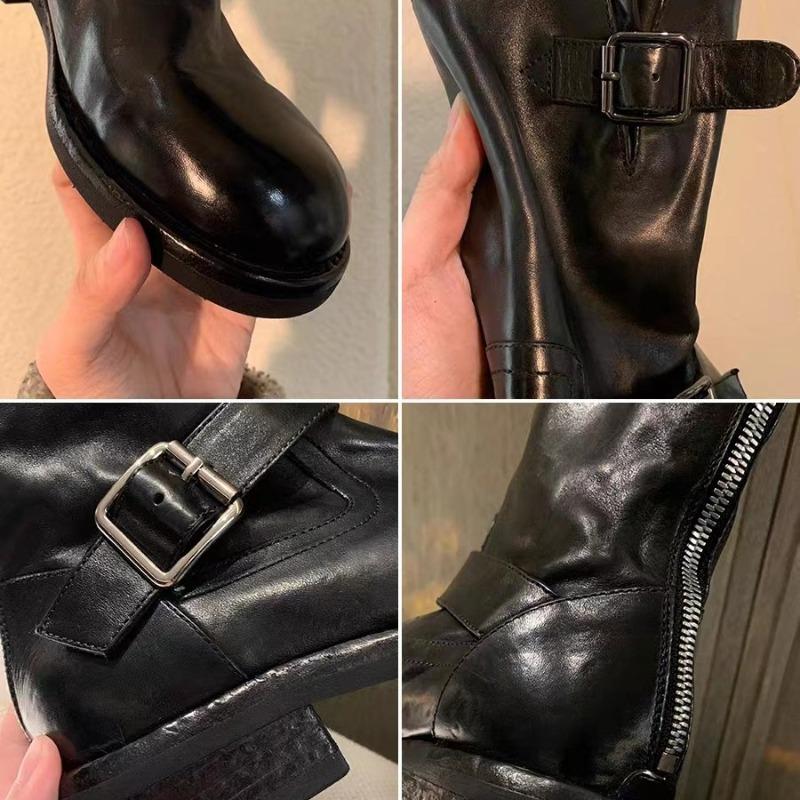 Cowhide Maillard Boots Vintage Leather Medium Skinny Boots Women's Belt Buckle Short Boots Platform Martin Boots