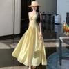Spring and Summer Seaside Vacation Yellow Hollow Suspender Temperament Dress Waist Thin Beach Long Skirt