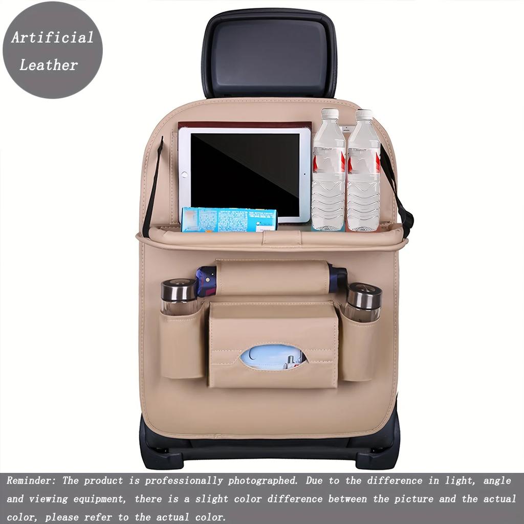 Luxury PU Leather Car Seat Storage Bag - Multifunctional Suspended Tray With Handle Ideal for Snacks Books & Toys Organizer
