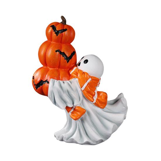 Halloweenská figurka duch Bílý duch držící dýni Kočka Strašidelná pryskyřičná ozdoba Rytá Halloweenská dekorace