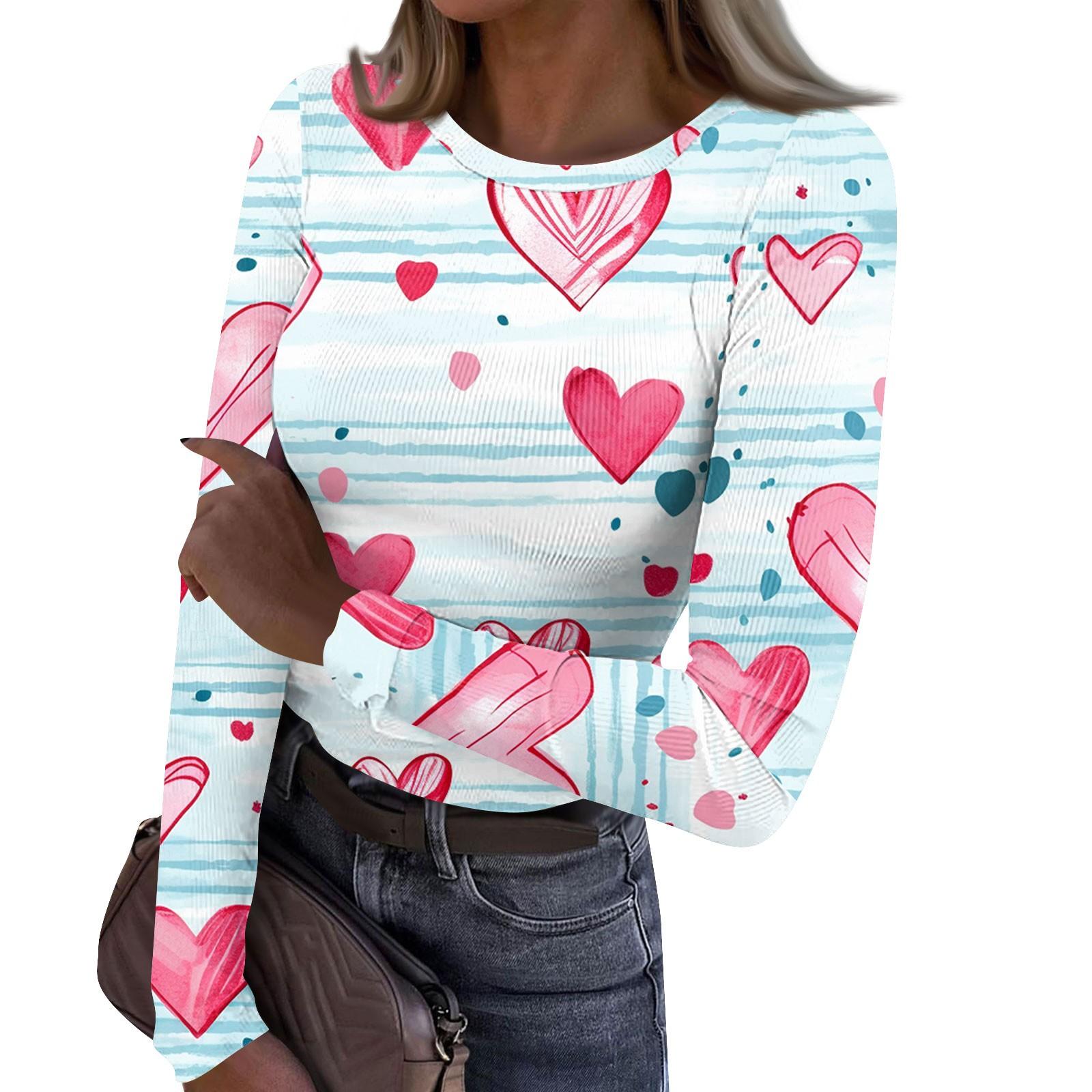 Women Slim Fit Long Sleeve Pullover Shirt Crew Neck Casual Printed Top Stretchy Lightweight Layering Tee S