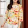 ZANZEA Women Casual Round Neck 3/4 Sleeve Loose Print Blouse