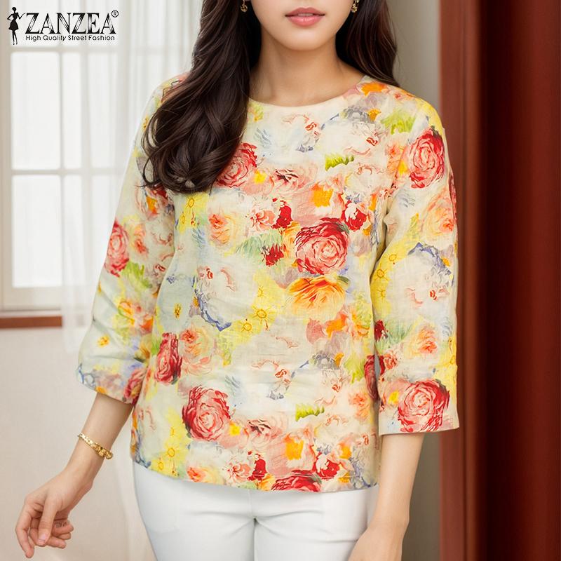 ZANZEA Women Casual Round Neck 3/4 Sleeve Loose Print Blouse