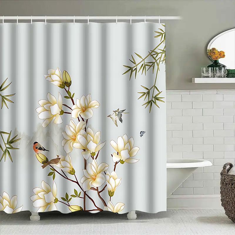 Elegant Floral Shower Curtain With Bird Design - Waterproof And Durable Bathroom Decor For Your Home Waterproof Durable