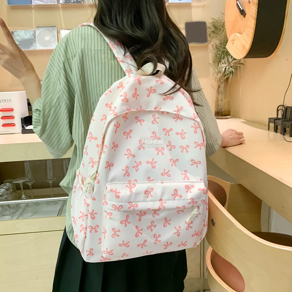 Adjustable Strap Daypack Nylon Student Backpack Bow Printed for Girls Women Travel Bag Cute Knapsack Rucksack
