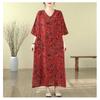 2025 Literary Retro Travel Plus Slim Cotton V-Neck Dress