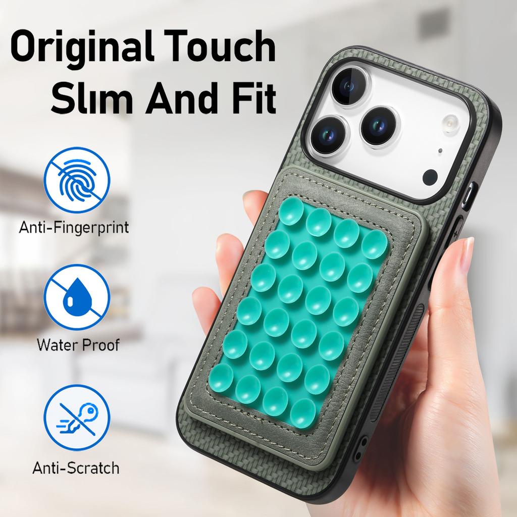 For iPhone 17 Pro Case Carbon Fiber Texture Leather Back Cover with Magnetic Detachable Suction Cup