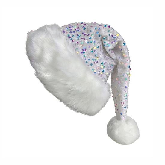Christmas Decoration for Holiday Events Sparkly Santa Hat Women Men, Glitter Sequin with White Fluffy Trim Gift Friends Family And Pom Pom,