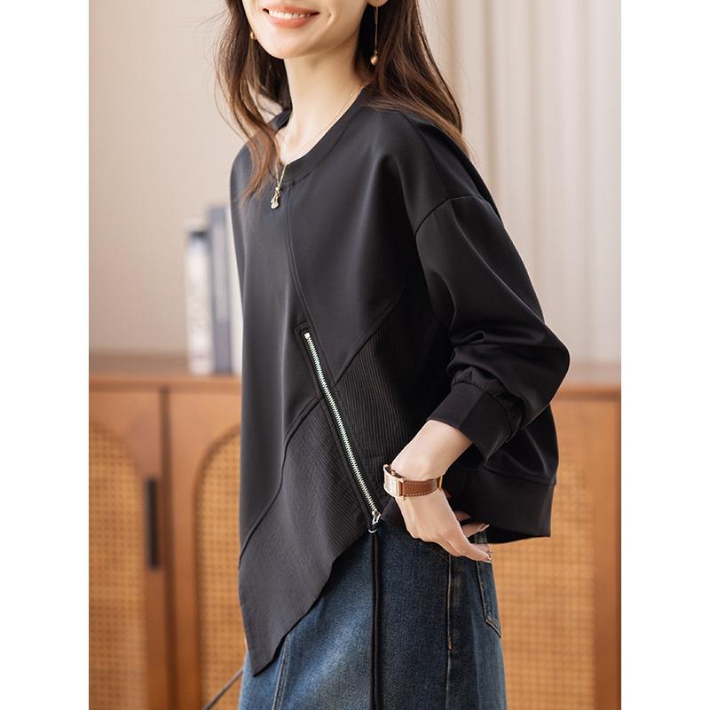 DIMANAF 2025 Autumn T-shirt Solid T-shirt Women Zipper Solid Long Sleeve Loose Tops Tees