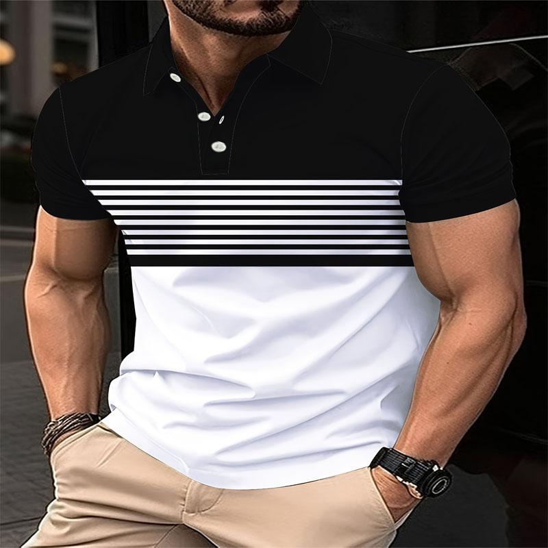 Men's Striped Design Color Blocked Short Sleeved Polo Shirt, Casual Style with Slight Elasticity Regular Fit Summer Top