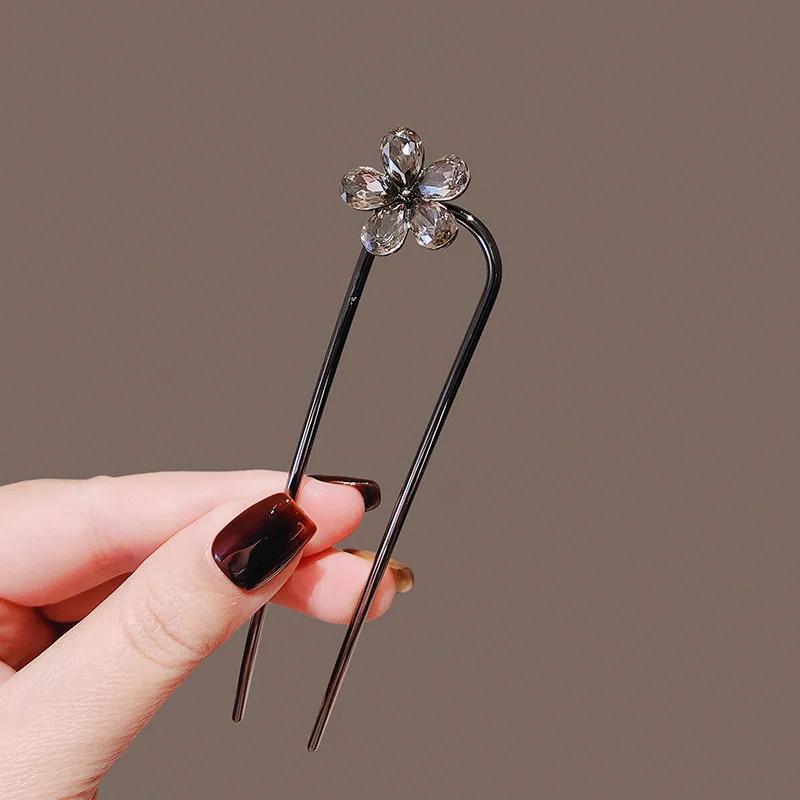 Elegant Rhinestone Flower U-Shaped Hairpin for Women, Simple Black Color Hair Sticks, Summer Hair Accessories