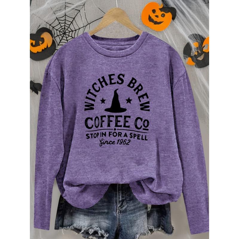 Retro Witch Hat Print Women's Graphic Round Neck Elegant Long Sleeve T-Shirt