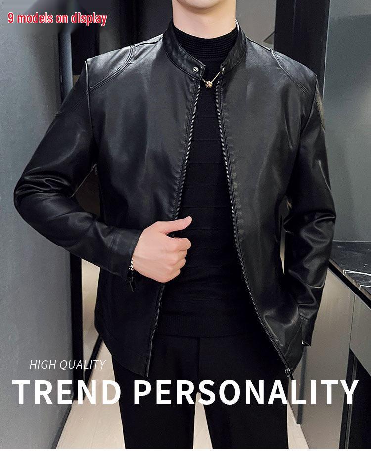 New Men's Slim Fit PU Leather Stand-Collar Jacket - Trendy Motorcycle Outerwear for Youth, Autumn/Winter.