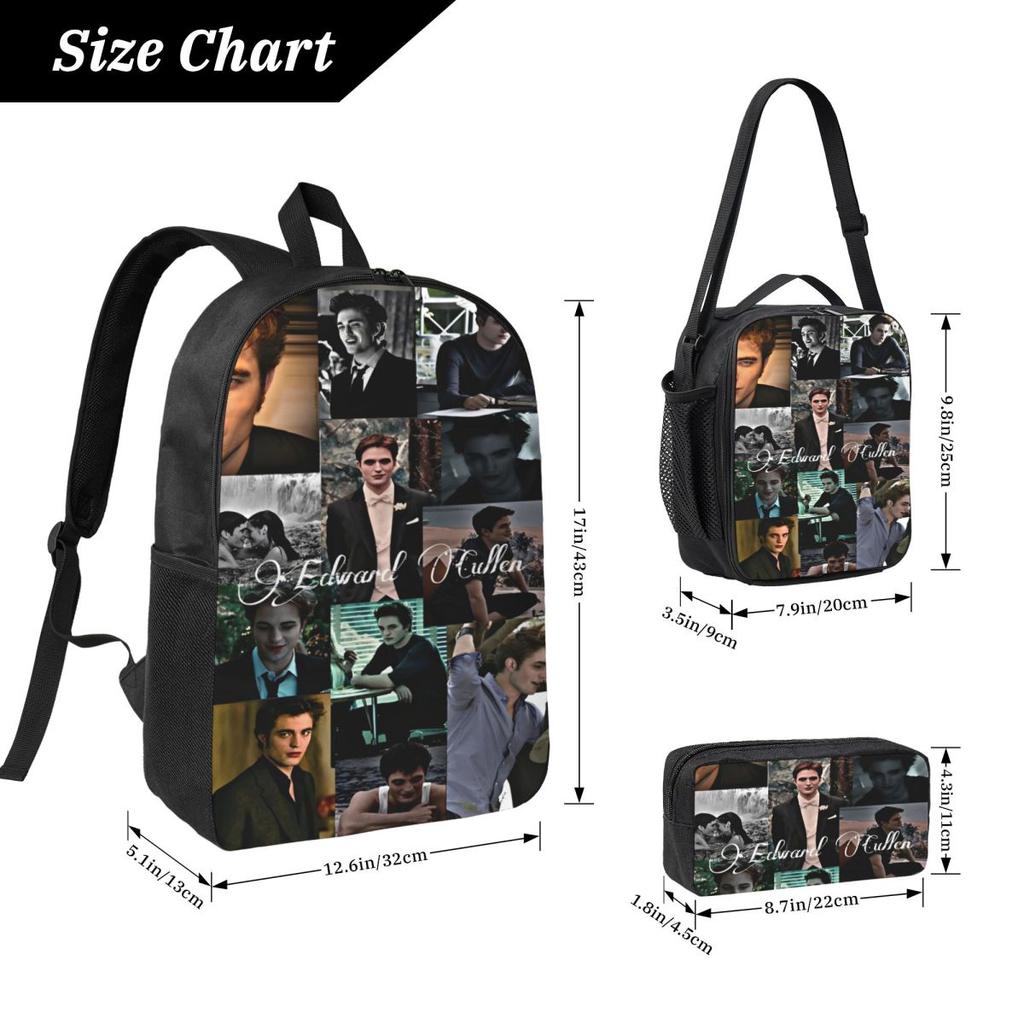 3Pcs Edward Cullen Homage Twilight Merch Backpack Set for Kids Pen Bags Bookbag Sets with Lunch Box For School Students Knapsack