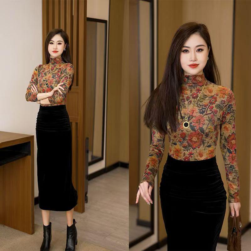 Autumn/Winter Floral Print Long Sleeve Slimming Elegant High Collar Top for Women