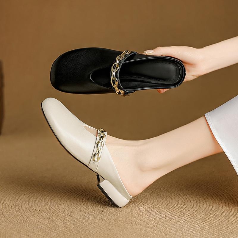 Fashion Women's New Summer Genuine Leather Cowhide Metal Belt Buckle, Low Heel and Toe Wrapped M Ü Ller Slippers