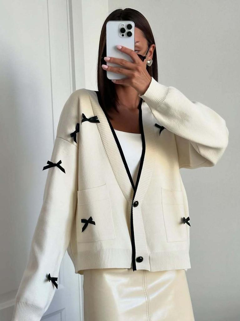 Fall New White Bow Knit Cardigan Women V-Neck Contrast Color Long Sleeve Outerwear