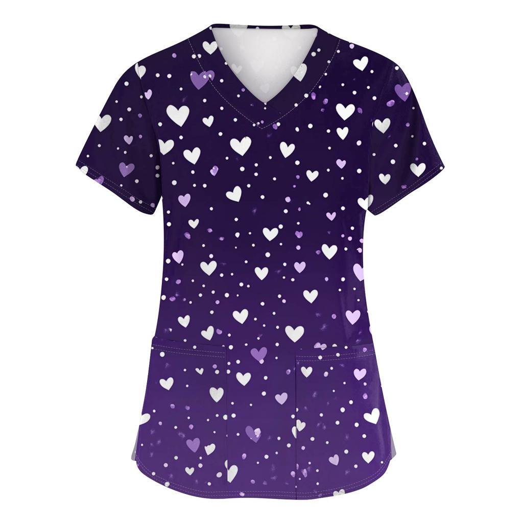 Women's Fashion V-Neck Short-Sleeved Workwear With Pockets Valentine's Day Printed Top Caregiver Uniform