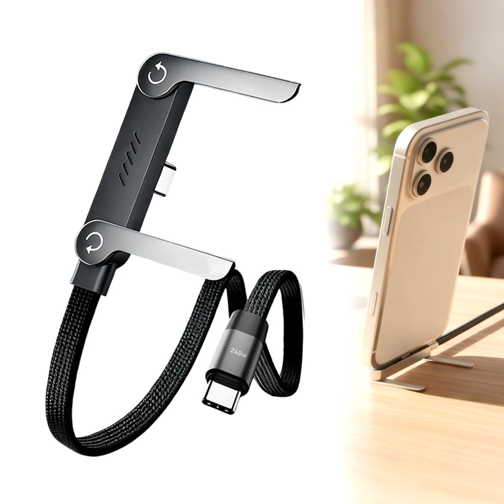 2026 New 240W Braided Fast Charging Cable, Built-in Phone Stand, Durable USB-C Charging Cable with Foldable Phone Stand 1PCS