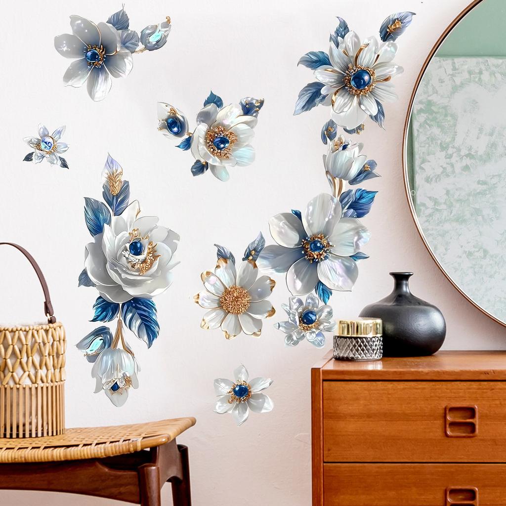 3D Floral Paper Blue and White Decoration for Living Room Bedroom Background Wall Decoration Stickers