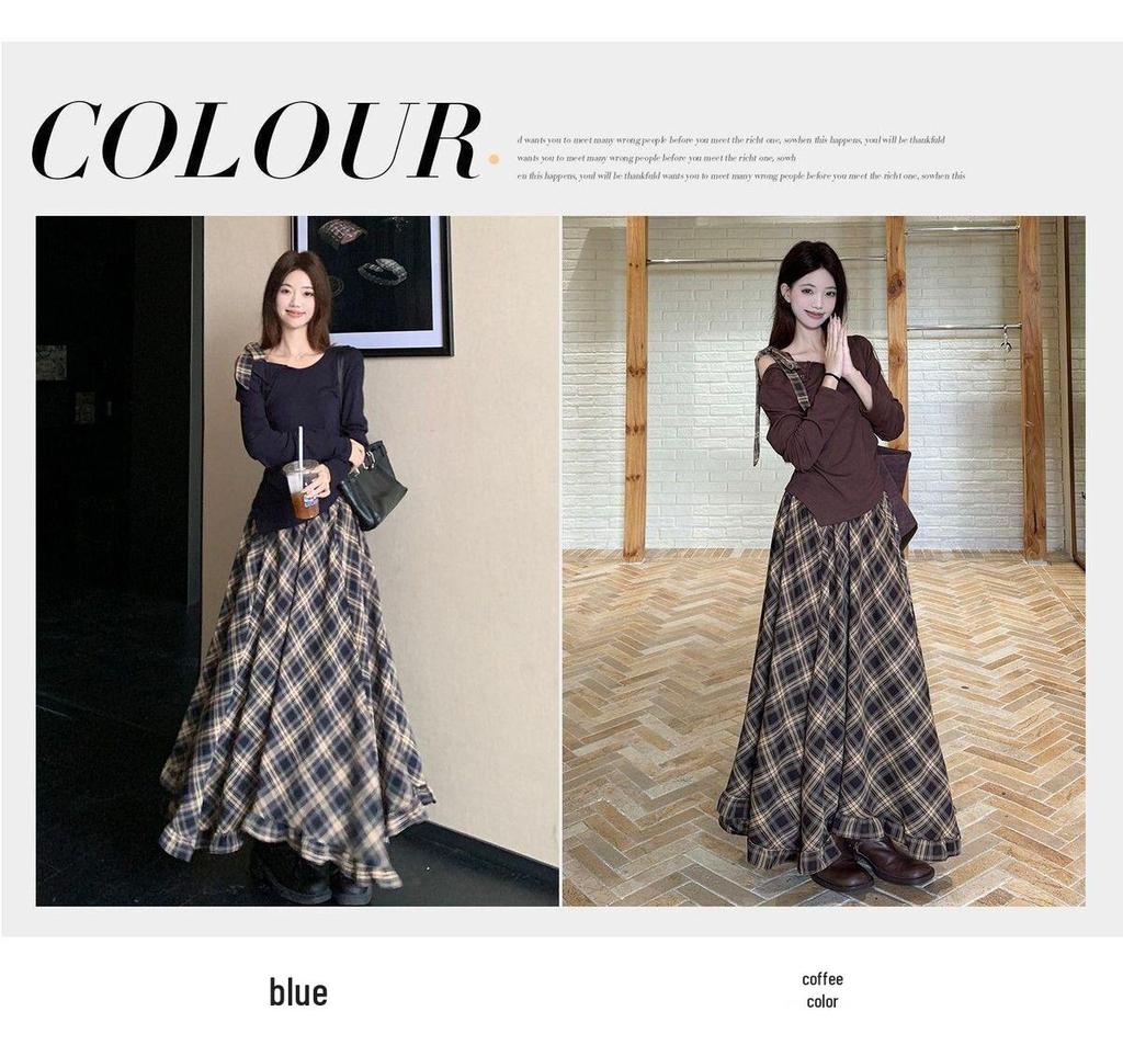 2026 Spring Fashion Women's Long Sleeve T-shirt & High Waist Plaid Skirt Set
