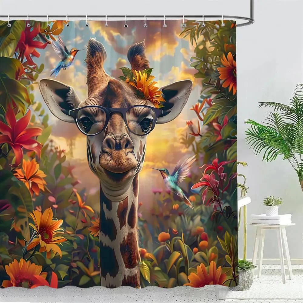 Funny Forest Animals Shower Curtain Elephant Giraffe Monkey Parrot Watercolour Art Creative Printed Bath Curtains Bathroom Decor