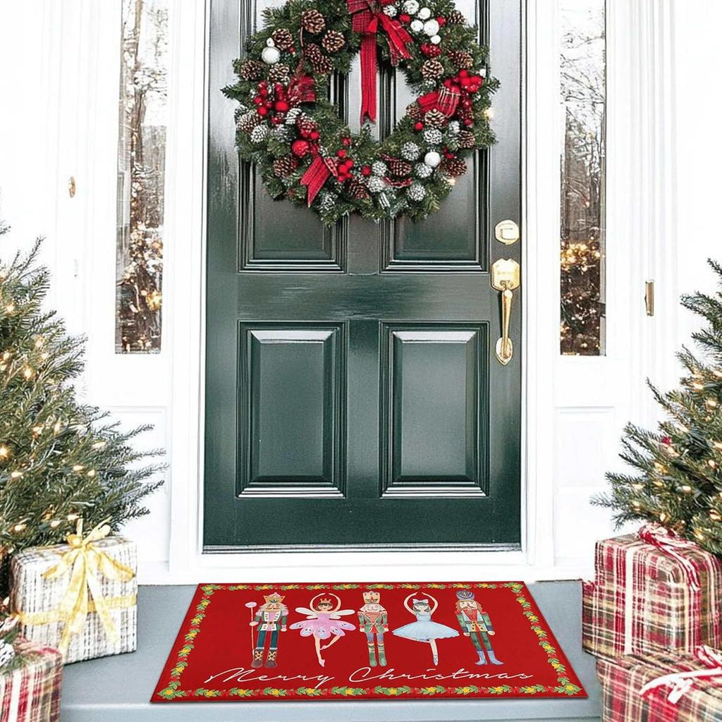 VIKAMA Red Walnut Decorative Door Mat for Christmas Happy Family Decor - Indoor and Outdoor Slip-resistant Entrance Carpet