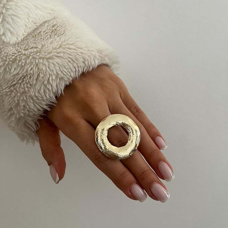 Exaggerated Metal Big Pearl Flower Rings for Women Retro Gold Color Irregular Geometric Circle Leaf Opening Finger Ring Jewelry