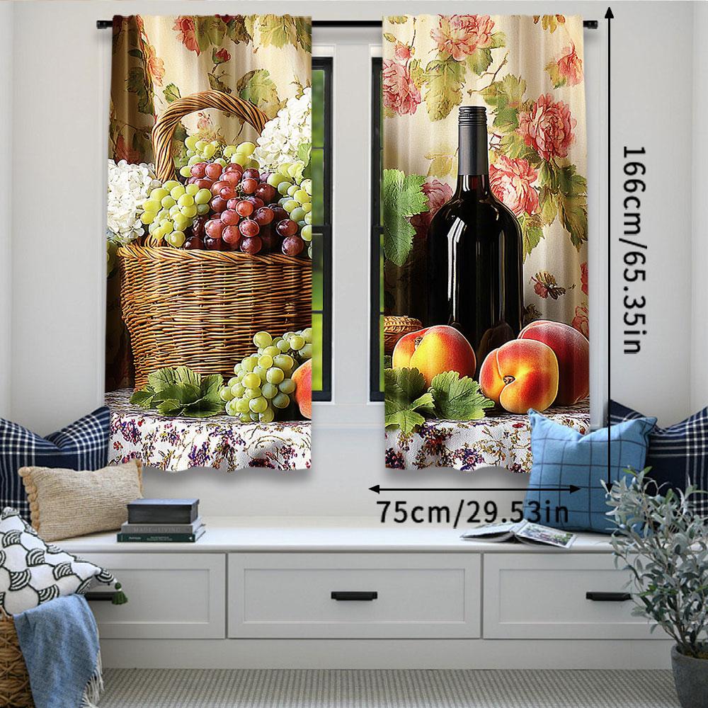 2Pcs Farmhouse Kitchen Curtains Vintage Grapes Fruits Oil Painting Rustic Flower Wine Art Printed Retro Country Living Room