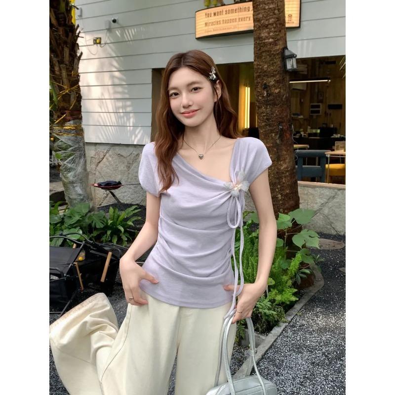 Swing Collar Slanted Shoulder Three-dimensional Bow Short-sleeved T-shirt Women's Summer Irregular Top