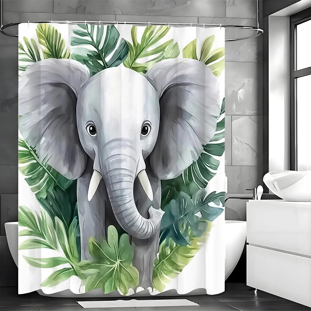 Zasłona prysznicowa Słoń Zielony Liść, Dekoracyjna zasłona prysznicowa do łazienki, Wodoodporna zasłona prysznicowa z haczykami