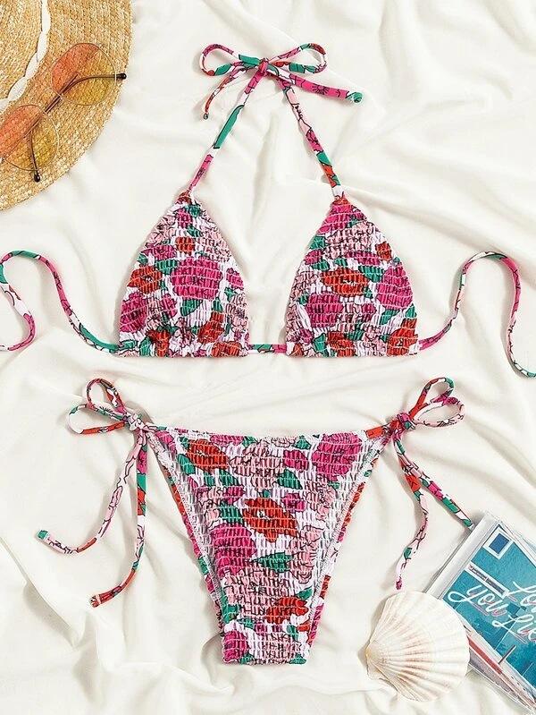 TS JYL-BK191 Coconut Print Bikini, Lace-Up Conservative Swimwear For Beach S