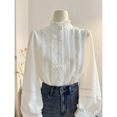Lace Patchwork White Mushroom Stand Collar Women Lantern Long Sleeved Top
